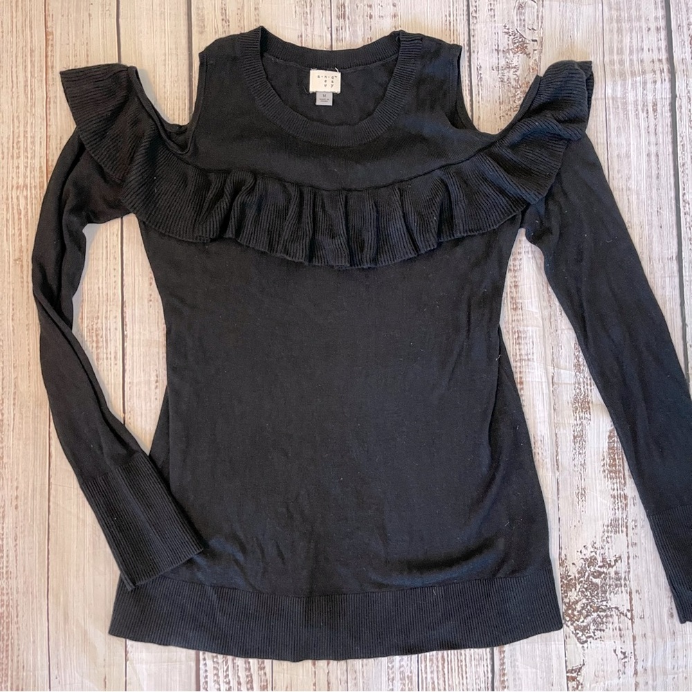 Ruffle cold shoulder sweater